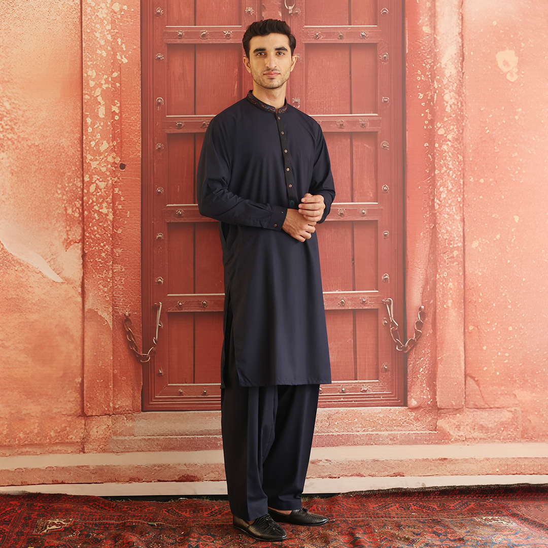 Navy Blue Embroidered Poly Viscose Shalwar Kameez (2-Piece) - Image 4