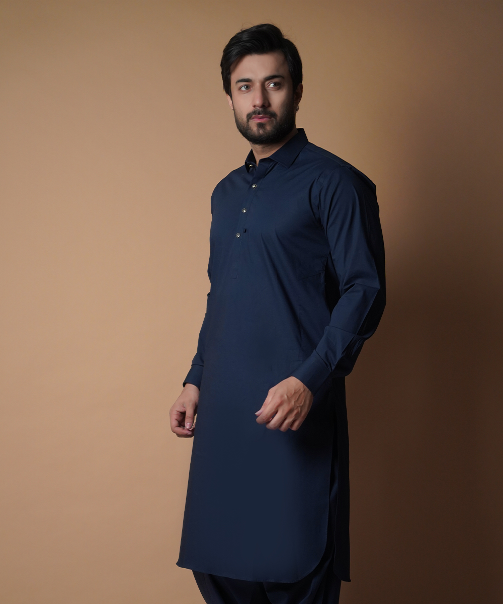 Navy Blue Premium Fabric Shalwar Kameez (2-Piece) - Image 1