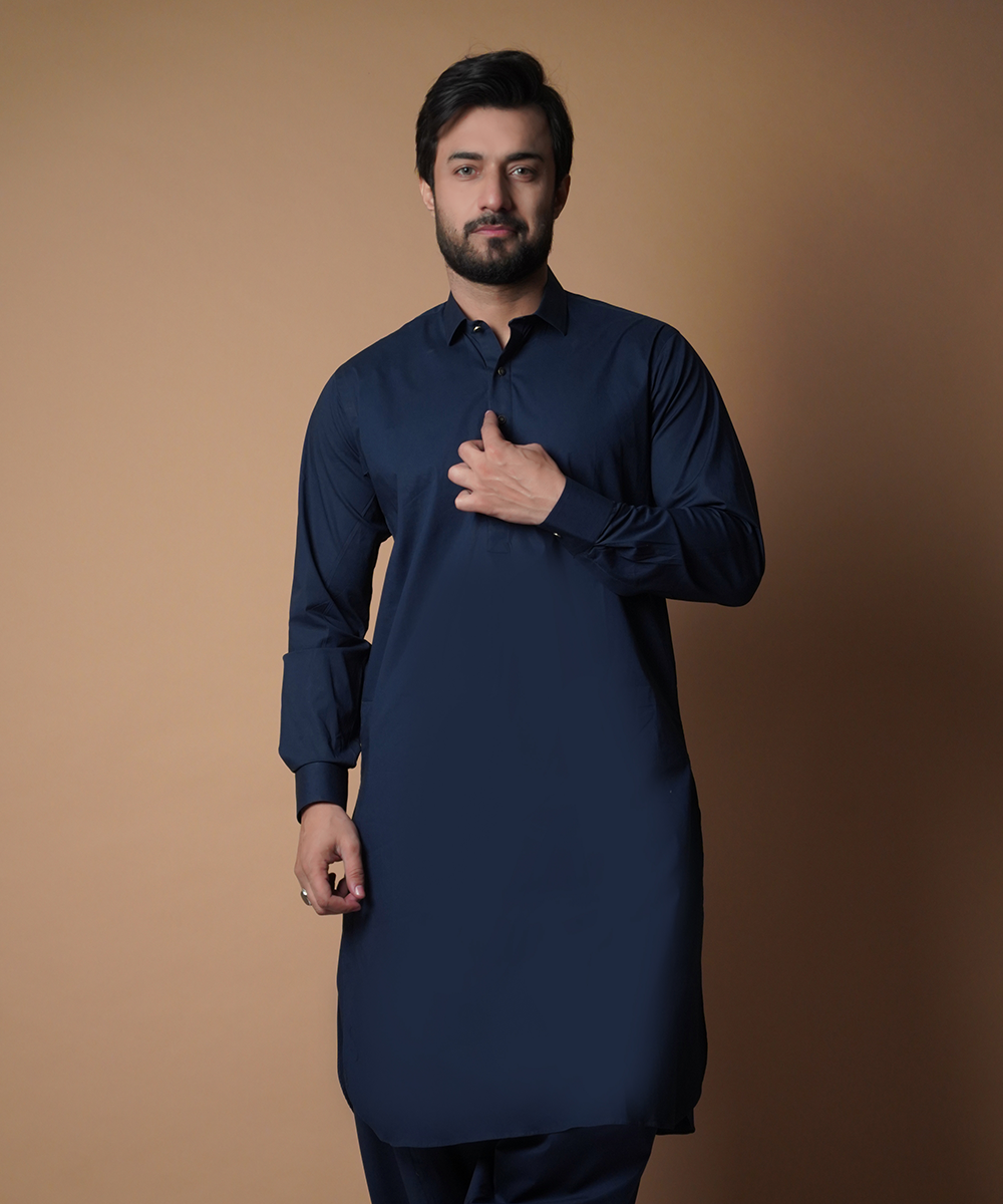 Navy Blue Premium Fabric Shalwar Kameez (2-Piece) - Image 2