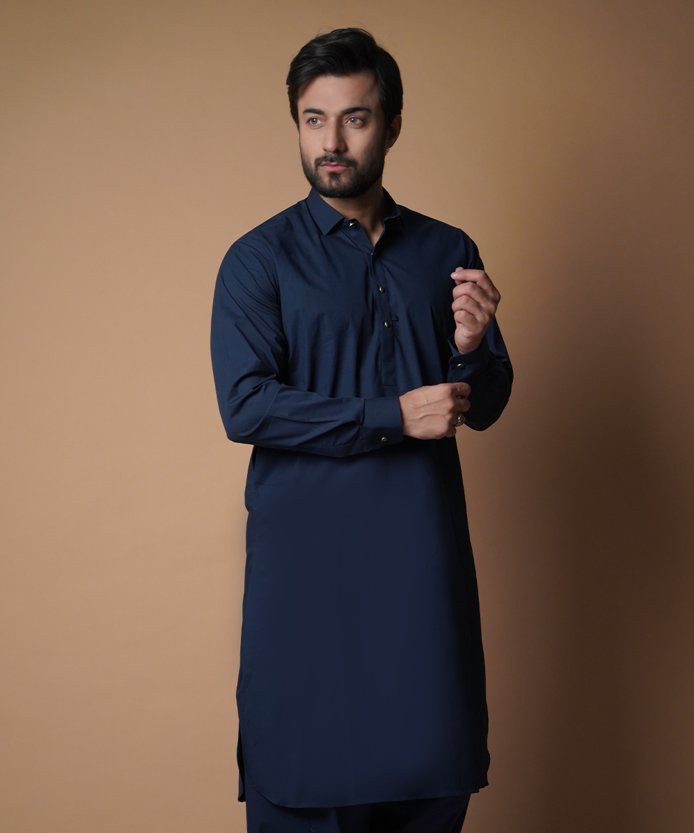 Navy Blue Premium Fabric Shalwar Kameez (2-Piece) - Image 3