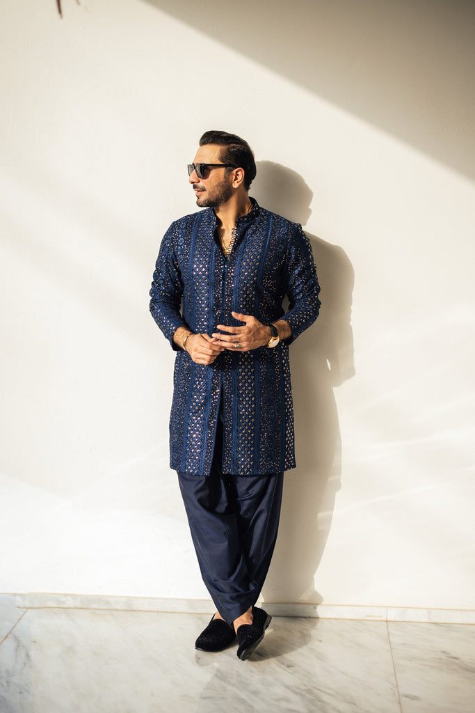 Navy Blue Sequin Embossed Silk-Blend Kurta Shalwar (2-Piece) - Image 1