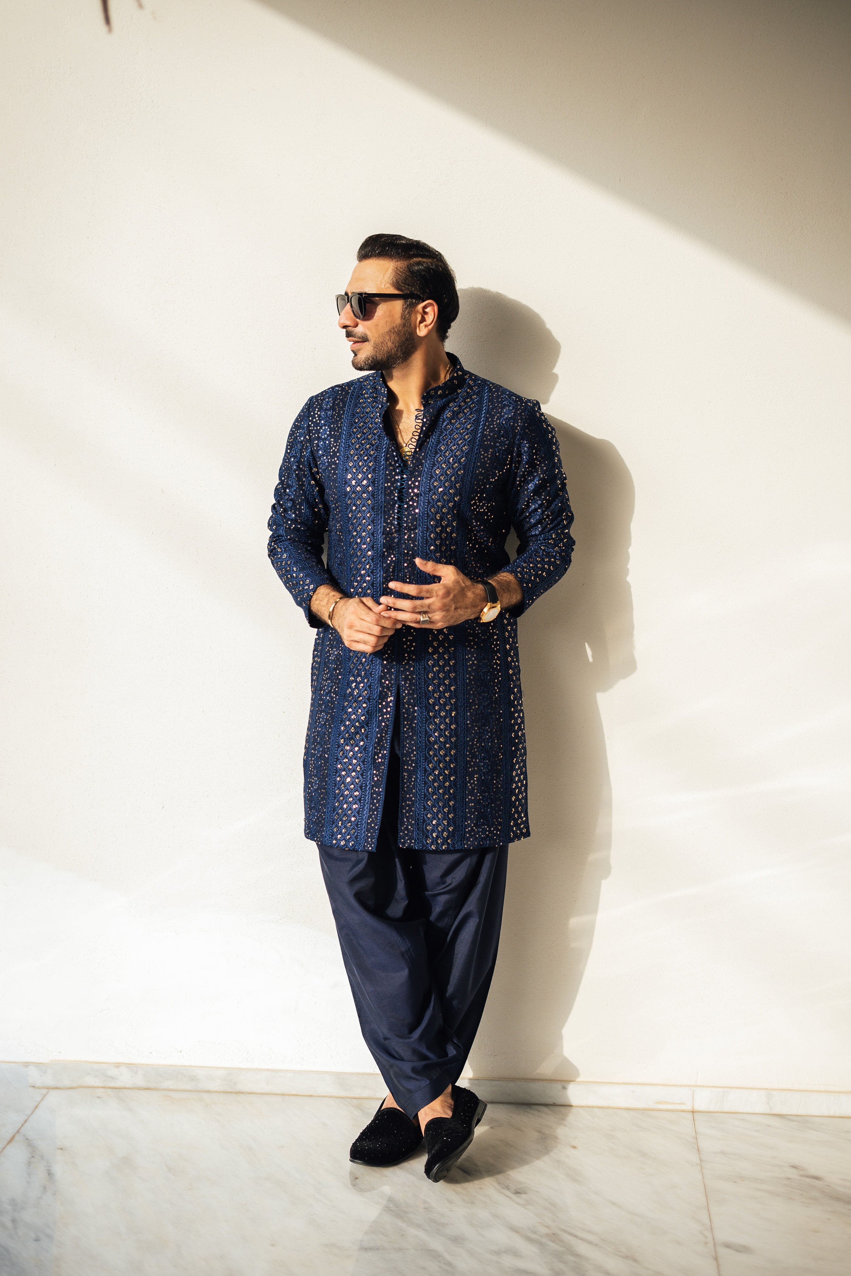 Navy Blue Sequin Embossed Silk-Blend Kurta Shalwar (2-Piece) - Image 2