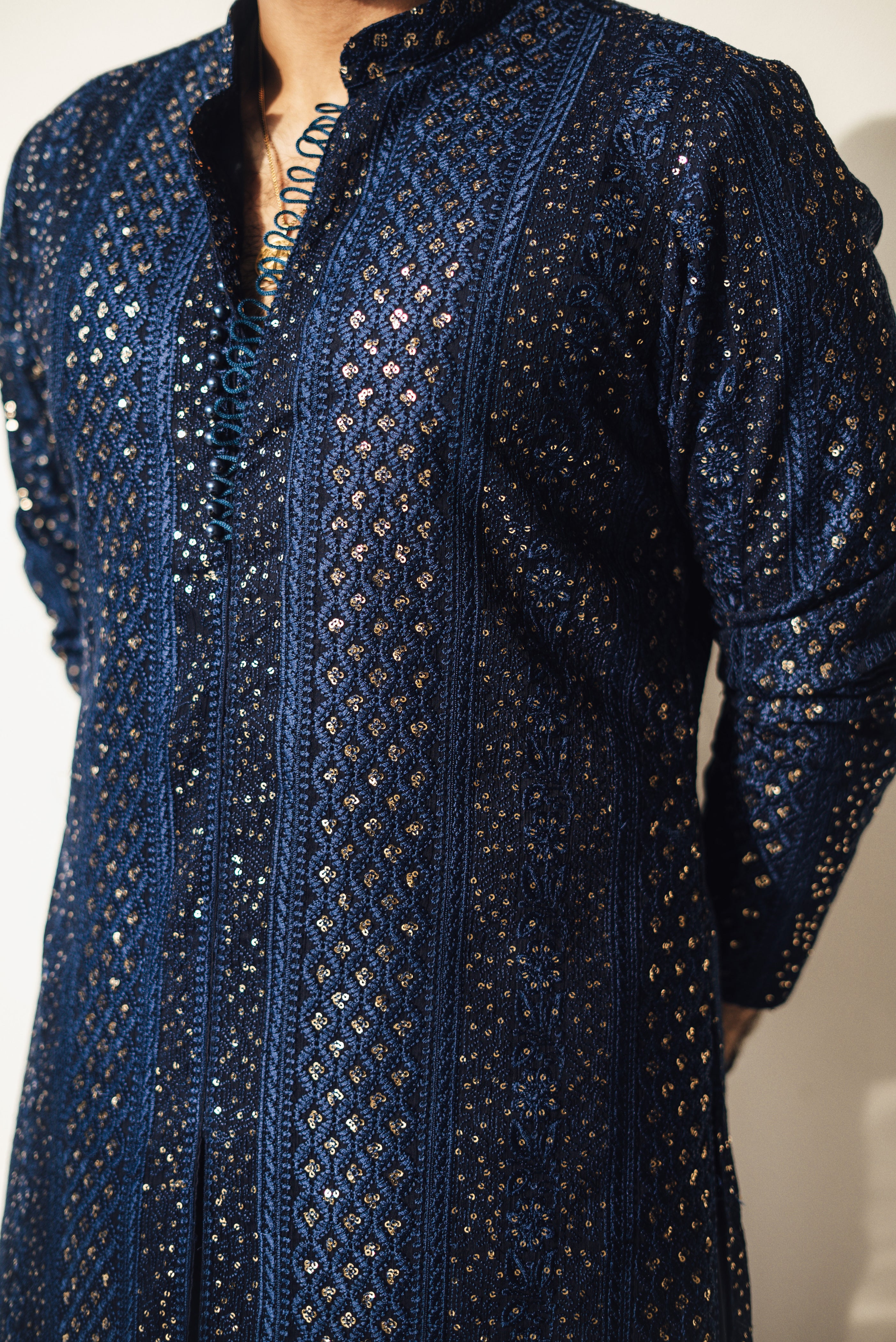 Navy Blue Sequin Embossed Silk-Blend Kurta Shalwar (2-Piece) - Image 3