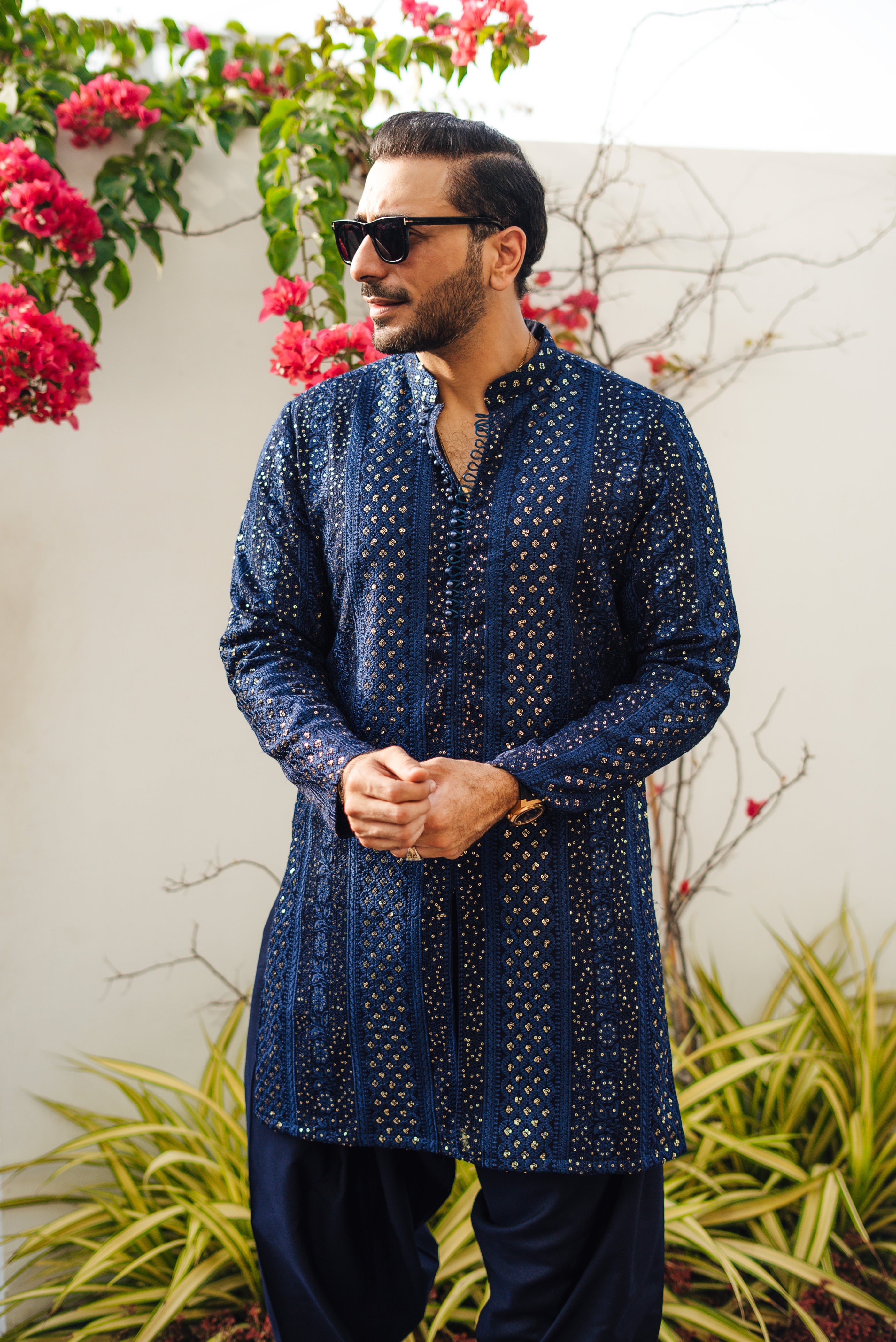 Navy Blue Sequin Embossed Silk-Blend Kurta Shalwar (2-Piece) - Image 4