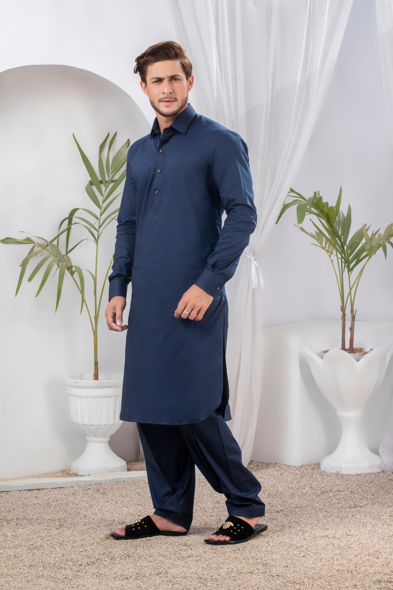 Navy Blue Plain Kameez Shalwar (2-Piece) - Image 1