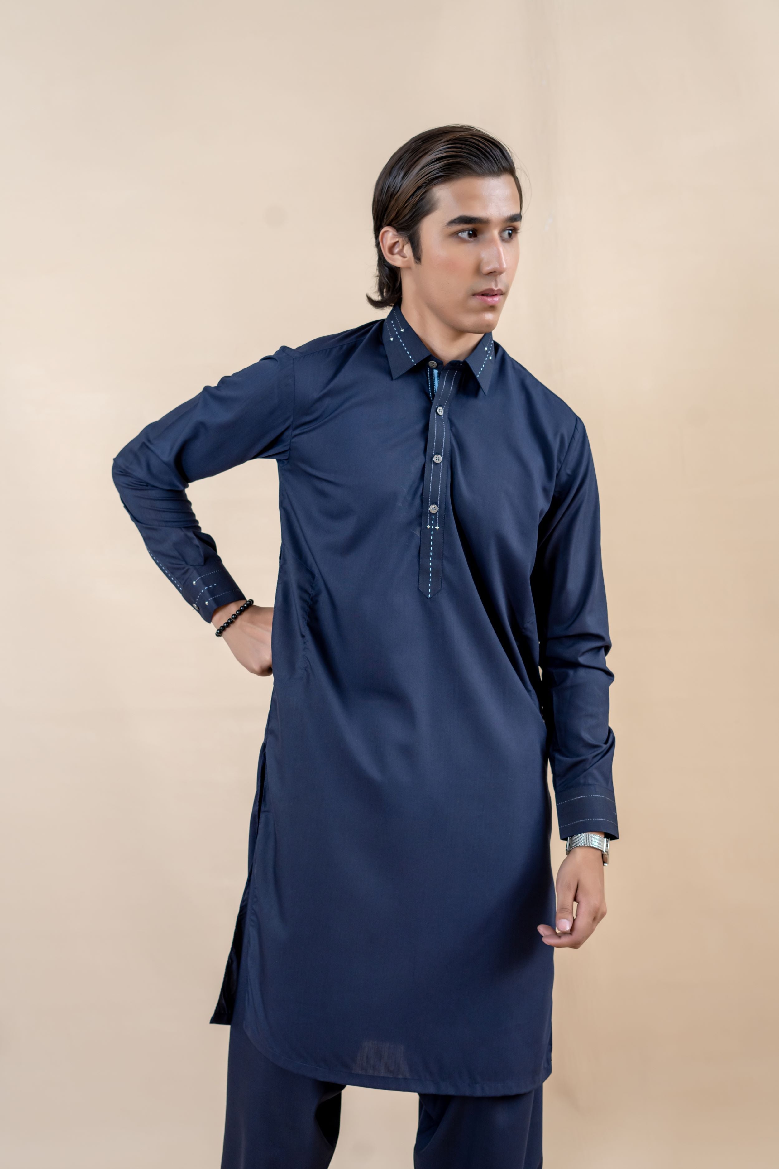 Navy Blue Wash & Wear Kurta Pajama (2-Piece) - Image 3