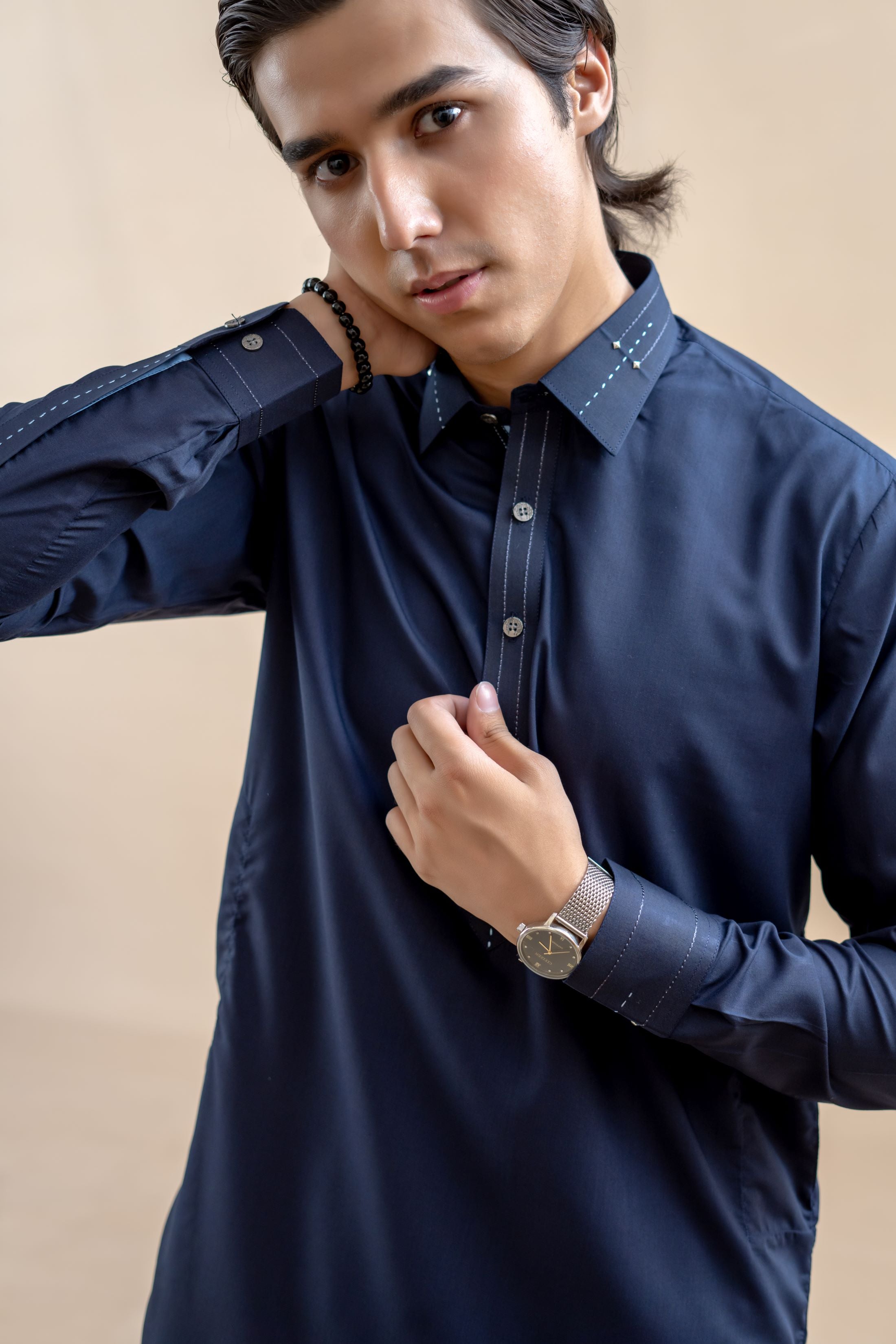 Navy Blue Wash & Wear Kurta Pajama (2-Piece) - Image 4