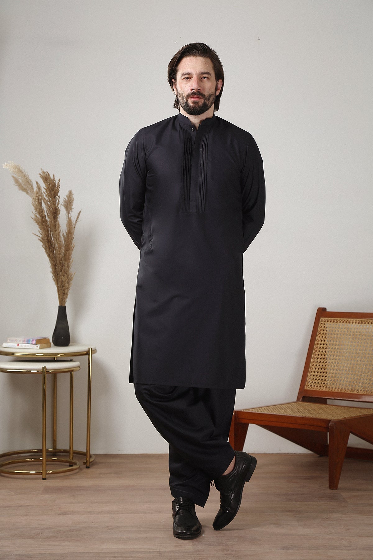 Navy Pleated Wash-and-Wear Shalwar Kameez (2-Piece) - Image 1