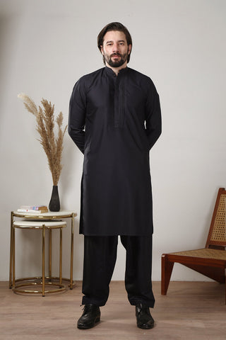 Navy Pleated Wash-and-Wear Shalwar Kameez (2-Piece) - Image 4