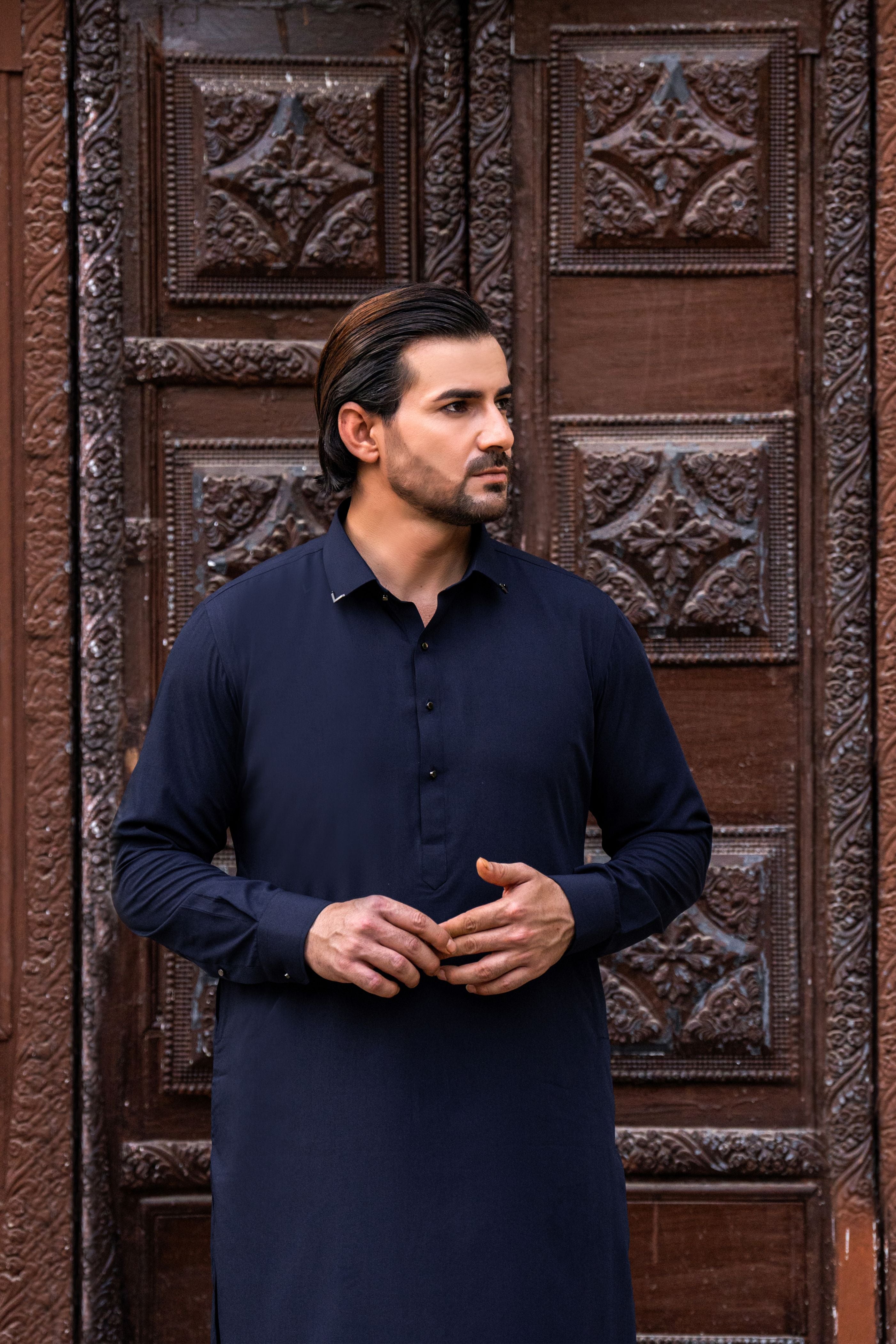 Navy Blue Wash & Wear Blended Shalwar Kameez (2-Piece) - Image 2