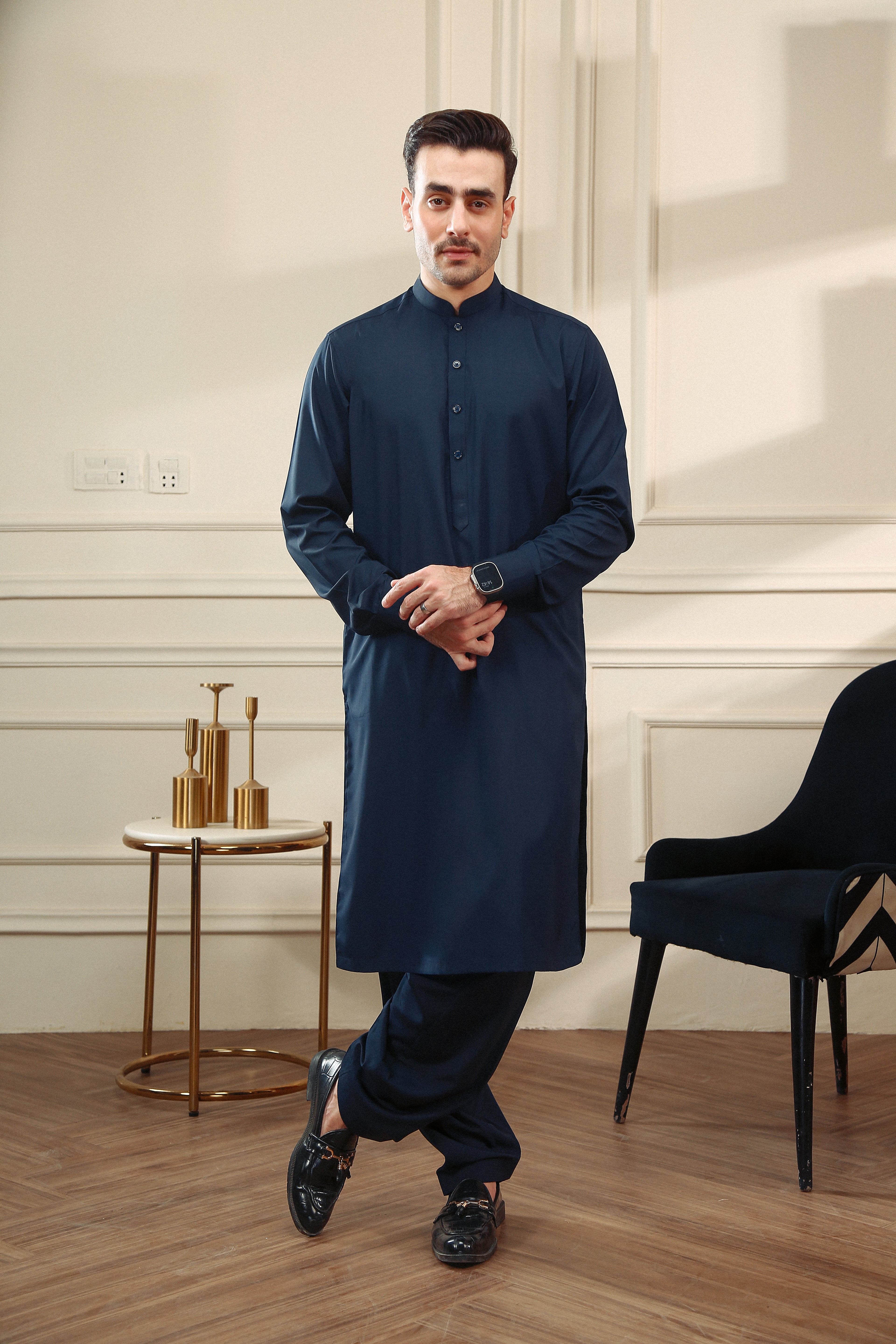 Navy Wash & Wear Straight-Cut Shalwar Kameez (2-Piece) - Image 1