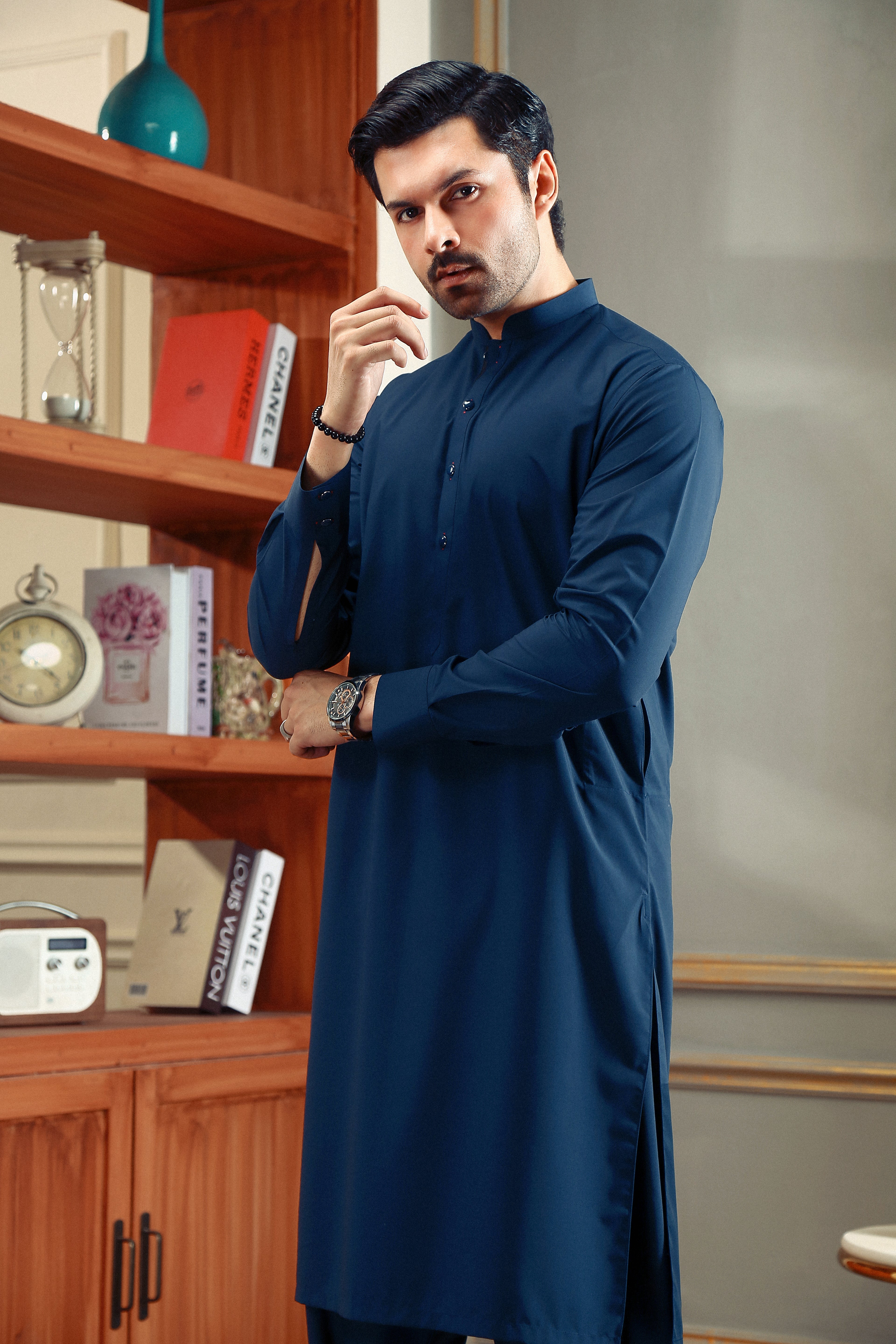 Navy Hand-Stitch Wash & Wear Shalwar Kameez (2-Piece) - Image 1