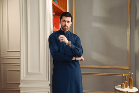 Navy Hand-Stitch Wash & Wear Shalwar Kameez (2-Piece) - Image 2