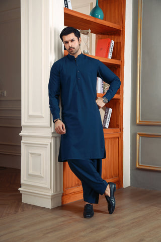 Navy Hand-Stitch Wash & Wear Shalwar Kameez (2-Piece) - Image 8