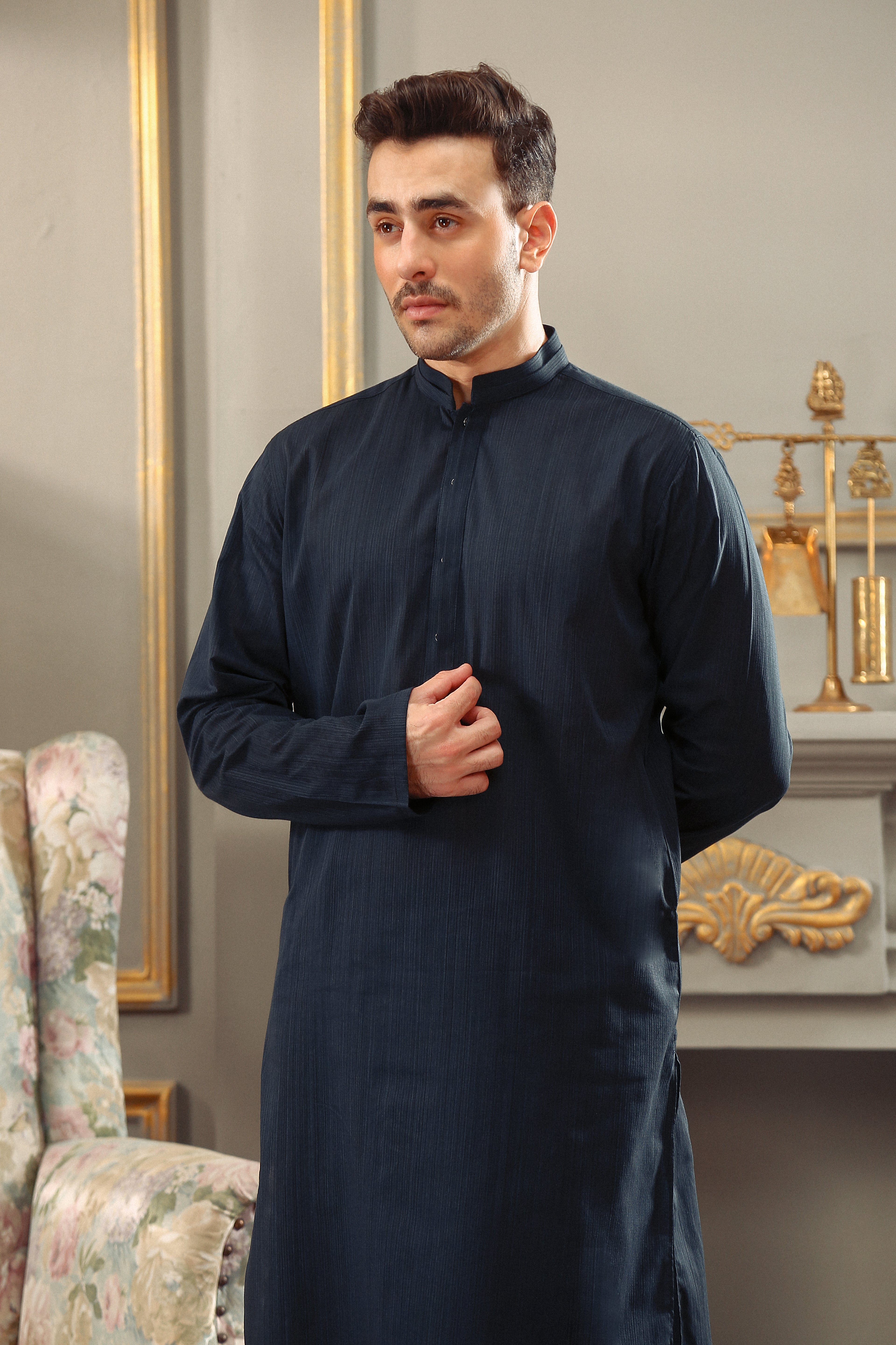 Navy Yarn-Dyed Cotton Shalwar Kameez (2-Piece) - Image 2