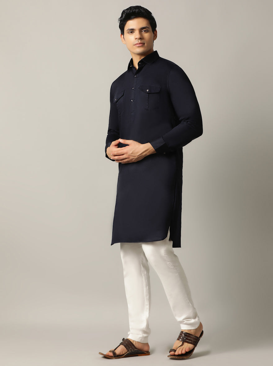 Navy Blue Silk Blend Pathani Suit (2-Piece) - Image 2