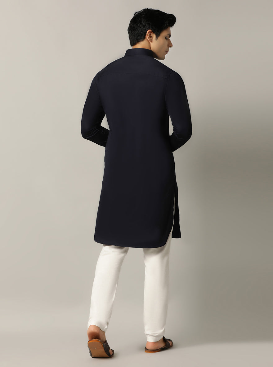 Navy Blue Silk Blend Pathani Suit (2-Piece) - Image 3