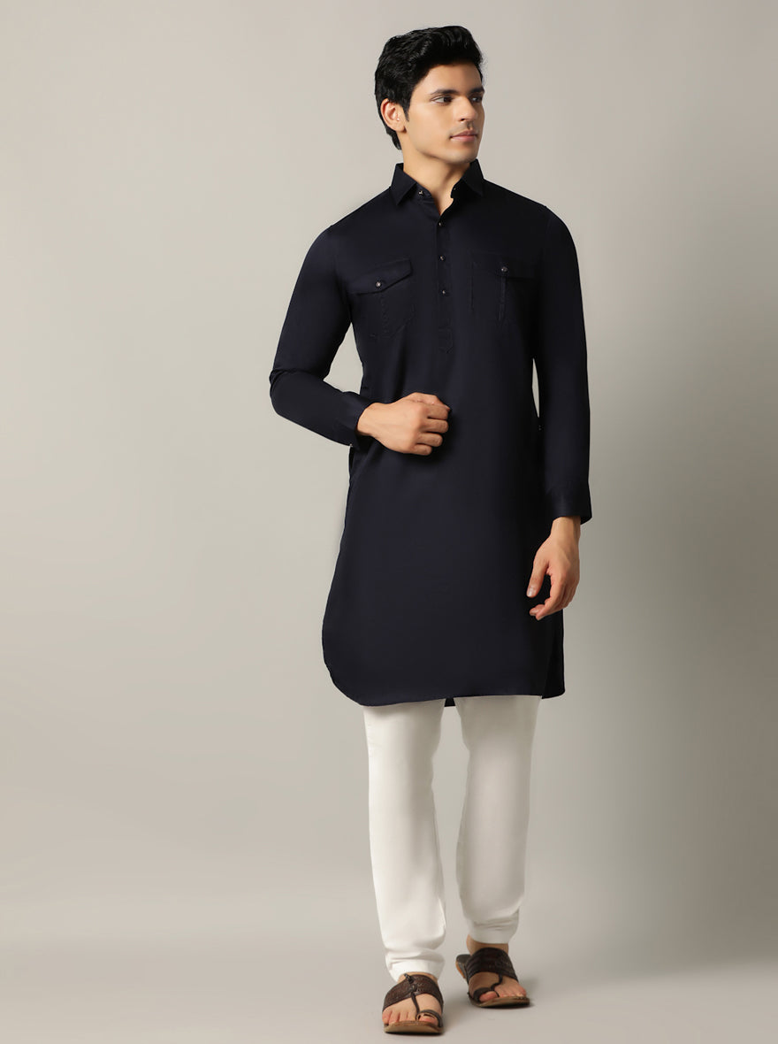 Navy Blue Silk Blend Pathani Suit (2-Piece) - Image 4