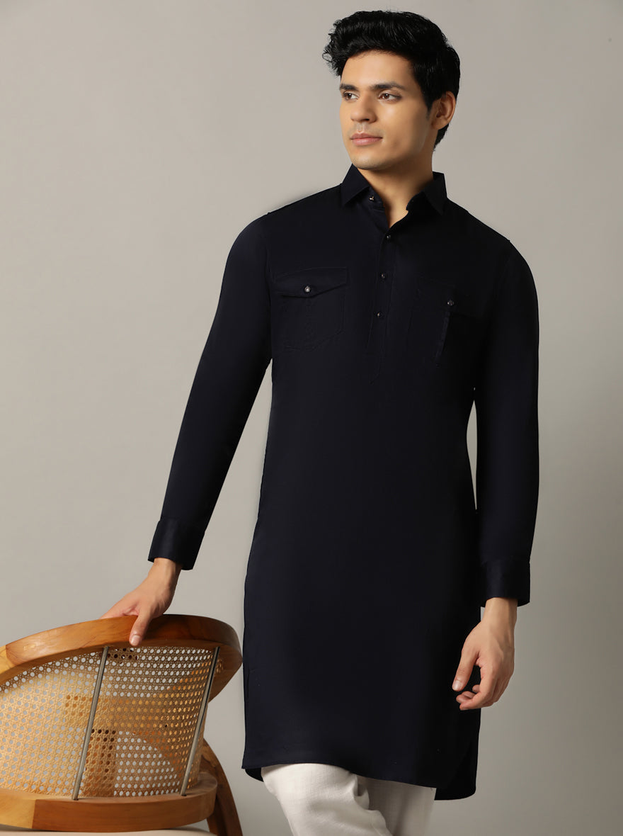 Navy Blue Silk Blend Pathani Suit (2-Piece) - Image 5