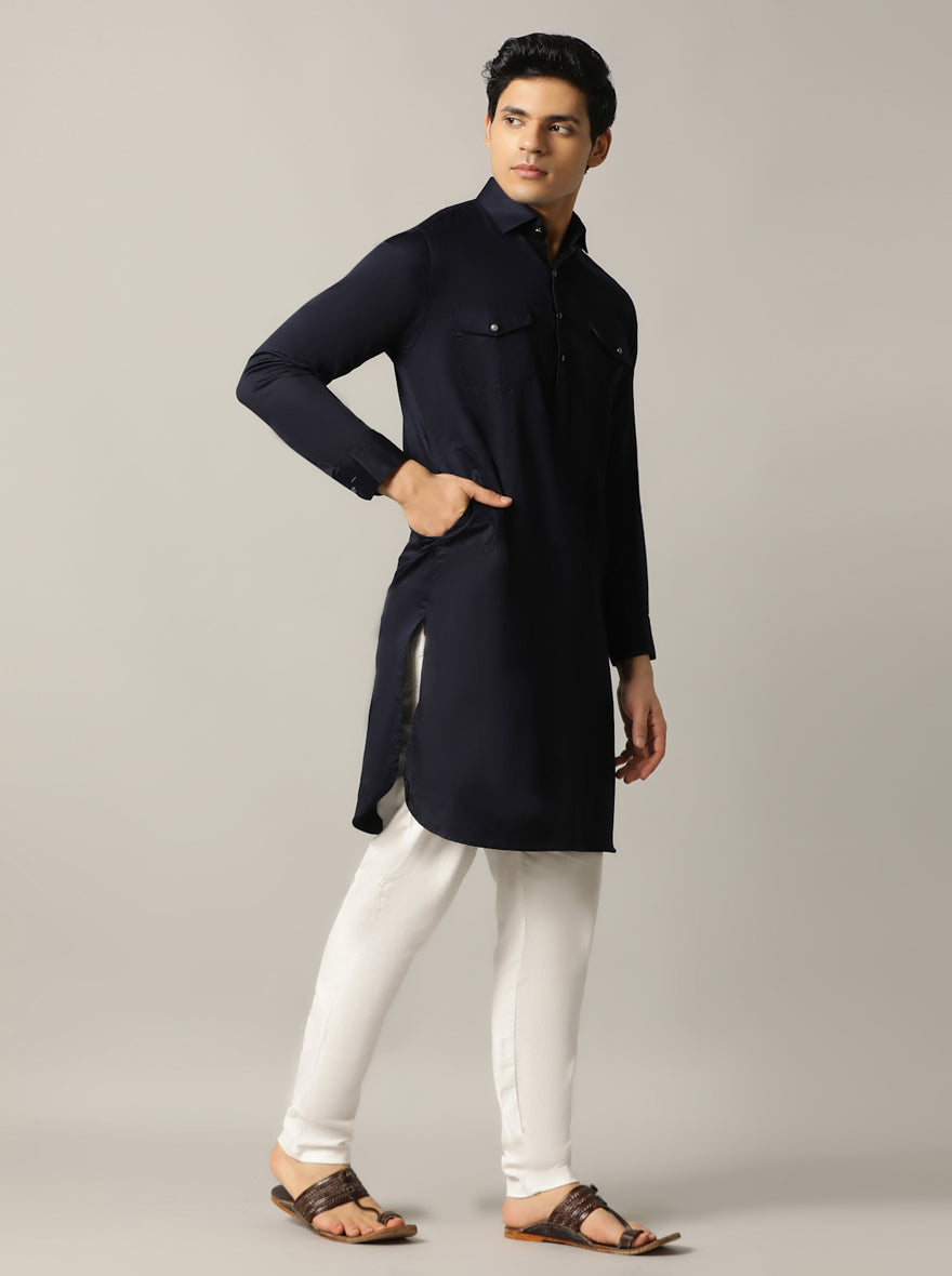 Navy Blue Silk Blend Pathani Suit (2-Piece) - Image 6