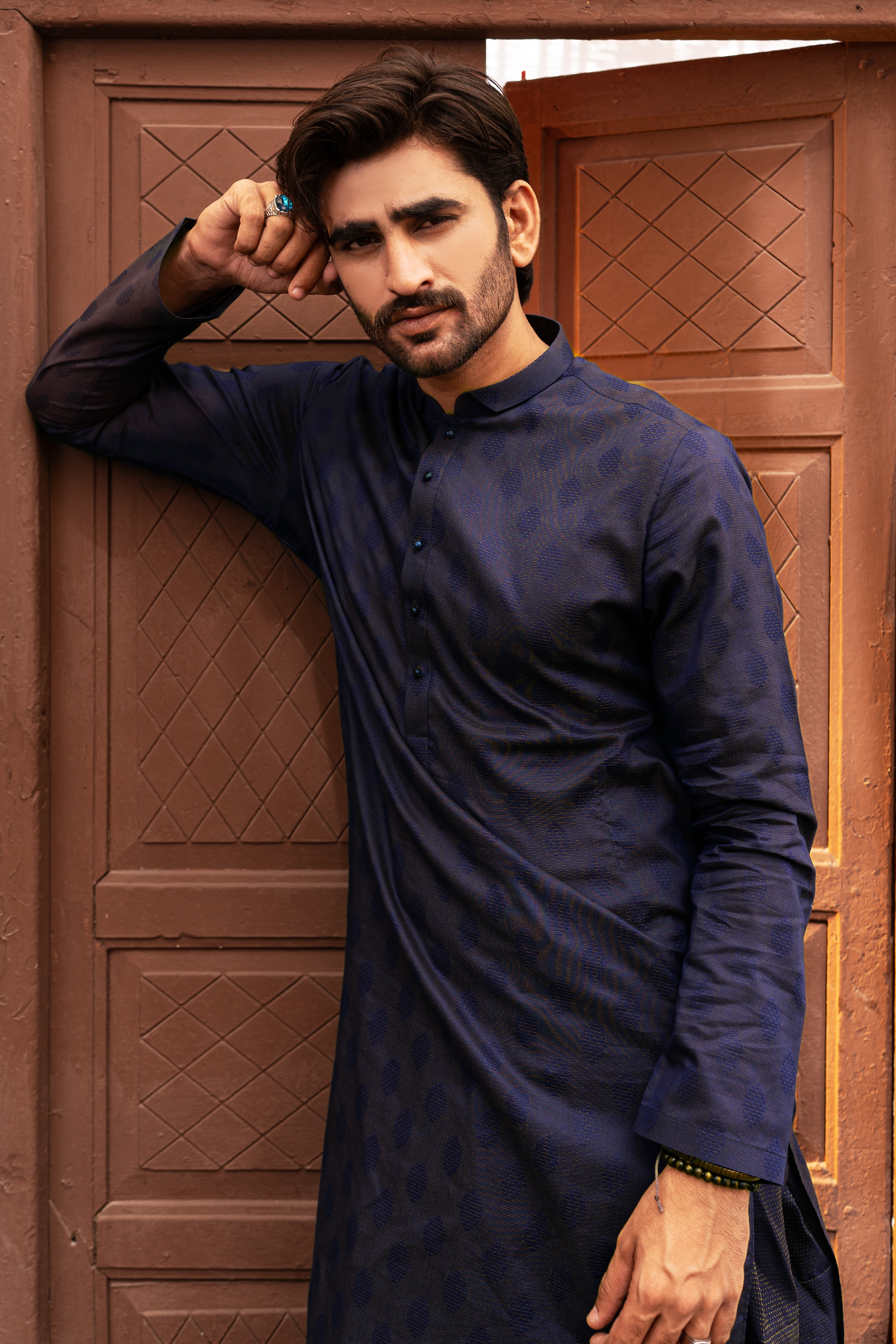 Navy Blue Bronchia Jacquard Wash & Wear Pathani Suit (2-Piece) - Image 1