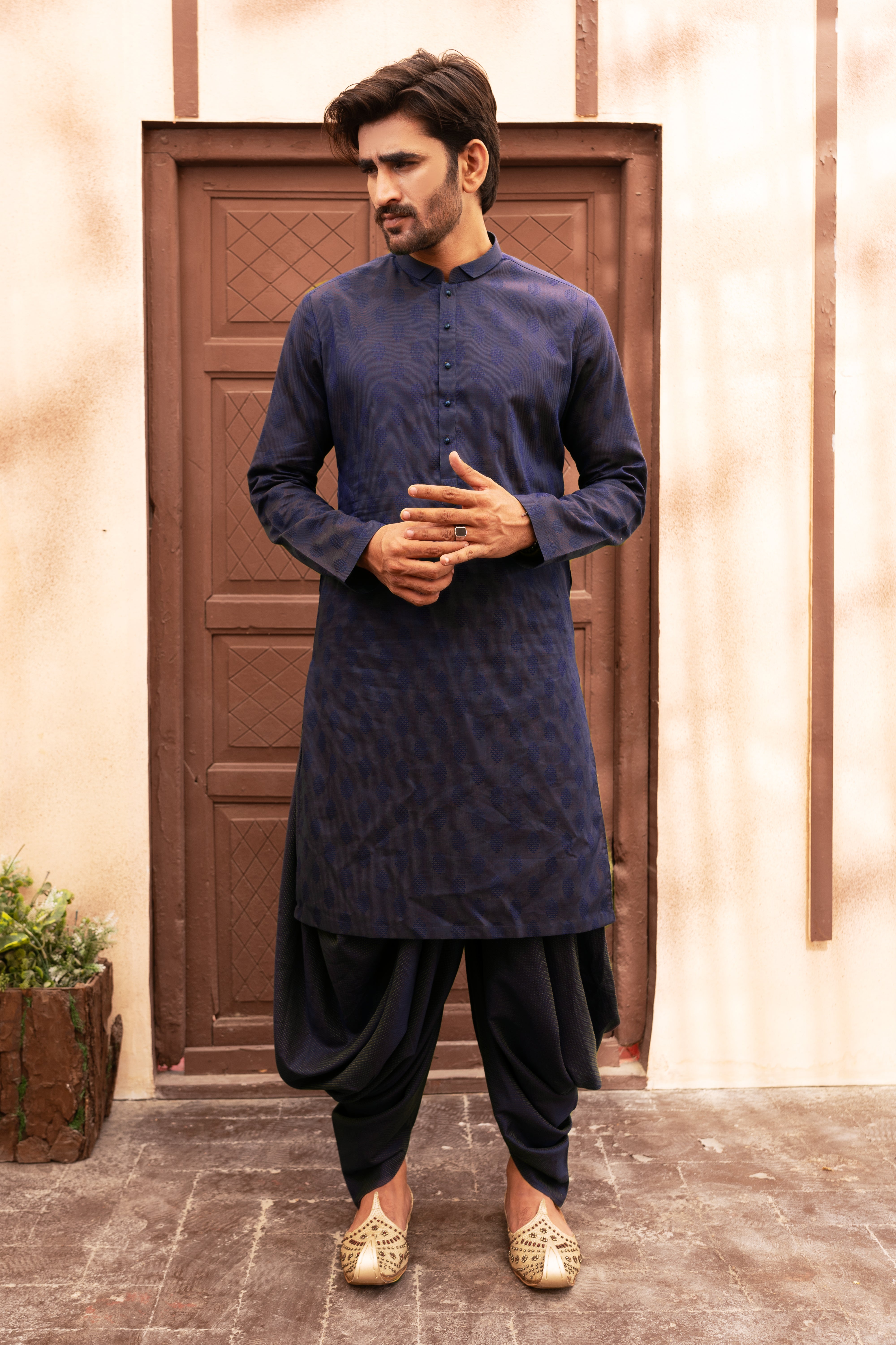 Navy Blue Bronchia Jacquard Wash & Wear Pathani Suit (2-Piece) - Image 2