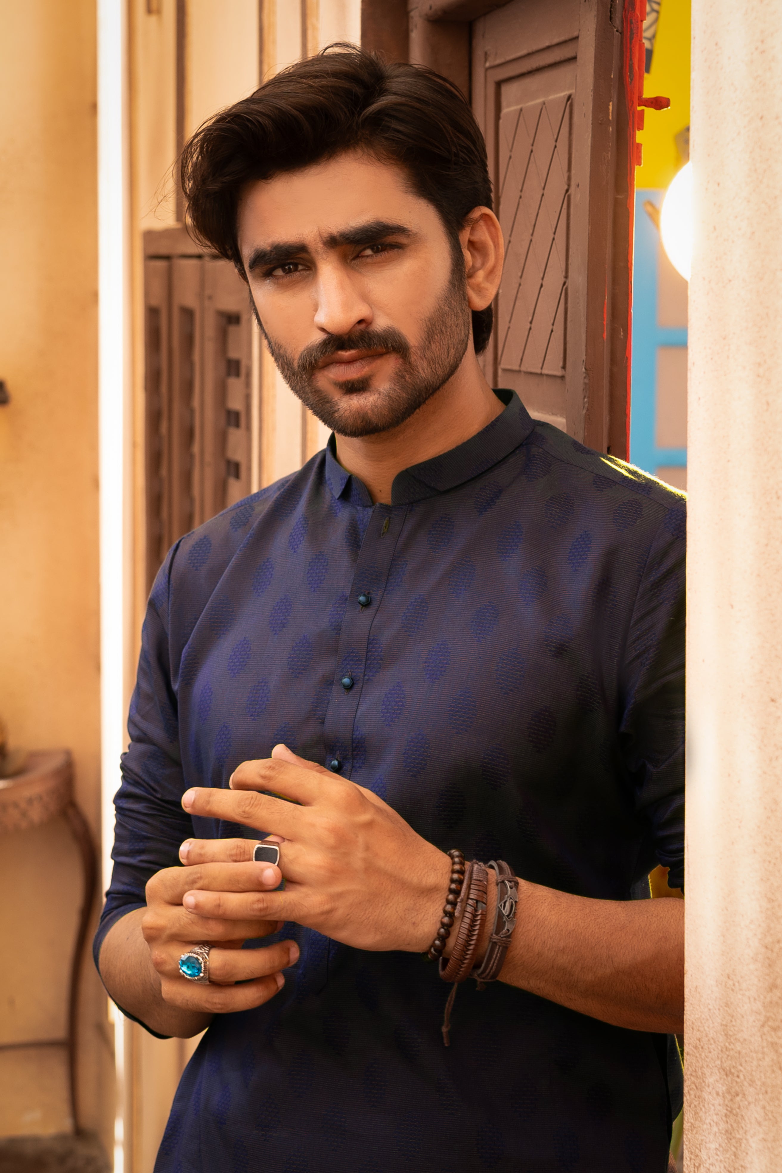 Navy Blue Bronchia Jacquard Wash & Wear Pathani Suit (2-Piece) - Image 3