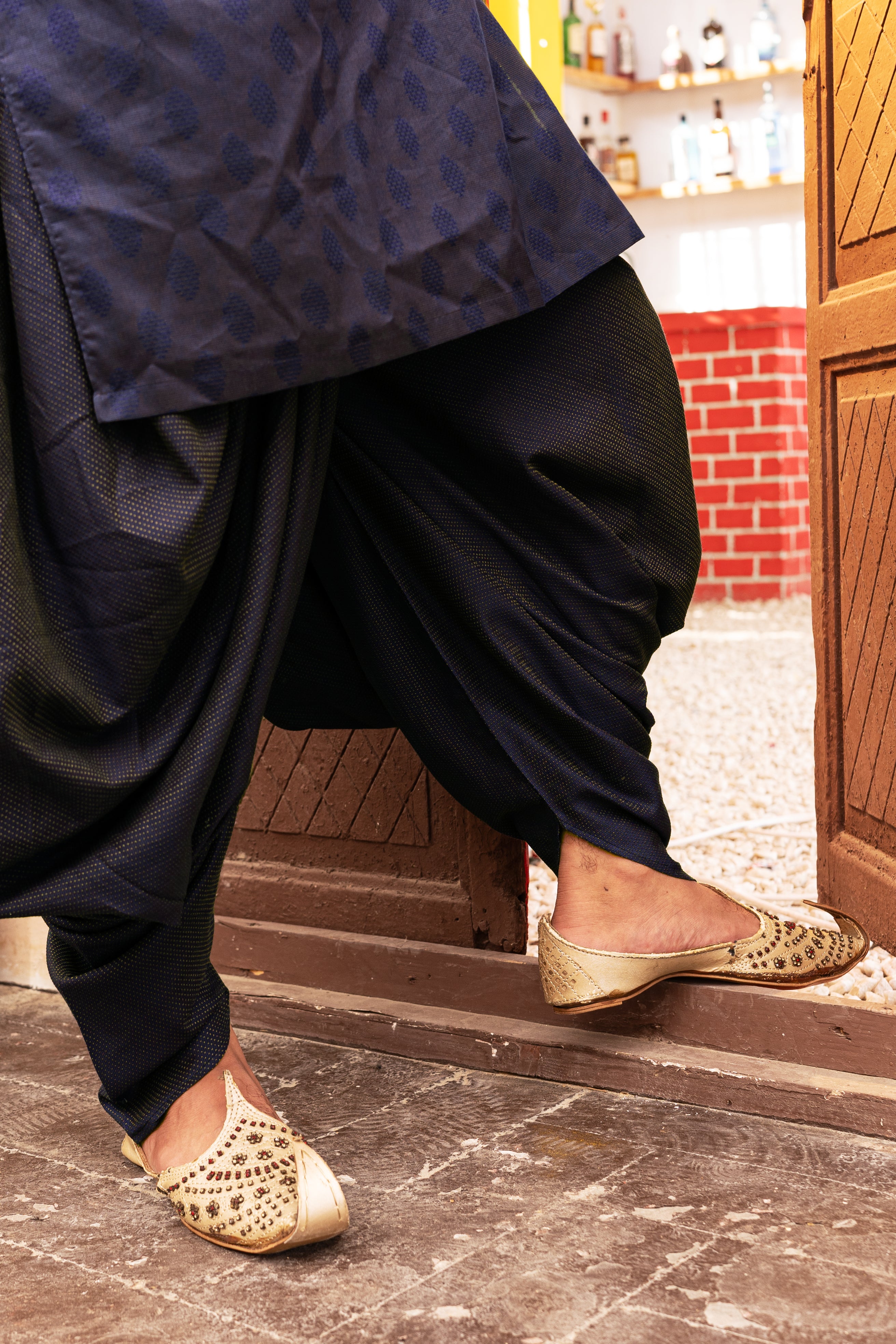 Navy Blue Bronchia Jacquard Wash & Wear Pathani Suit (2-Piece) - Image 4