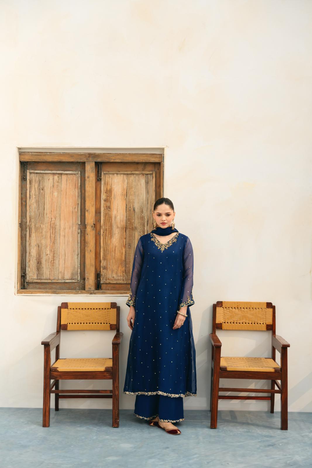 Navy Blue Embellished Pure Organza Pishwas (3-Piece) - Image 1