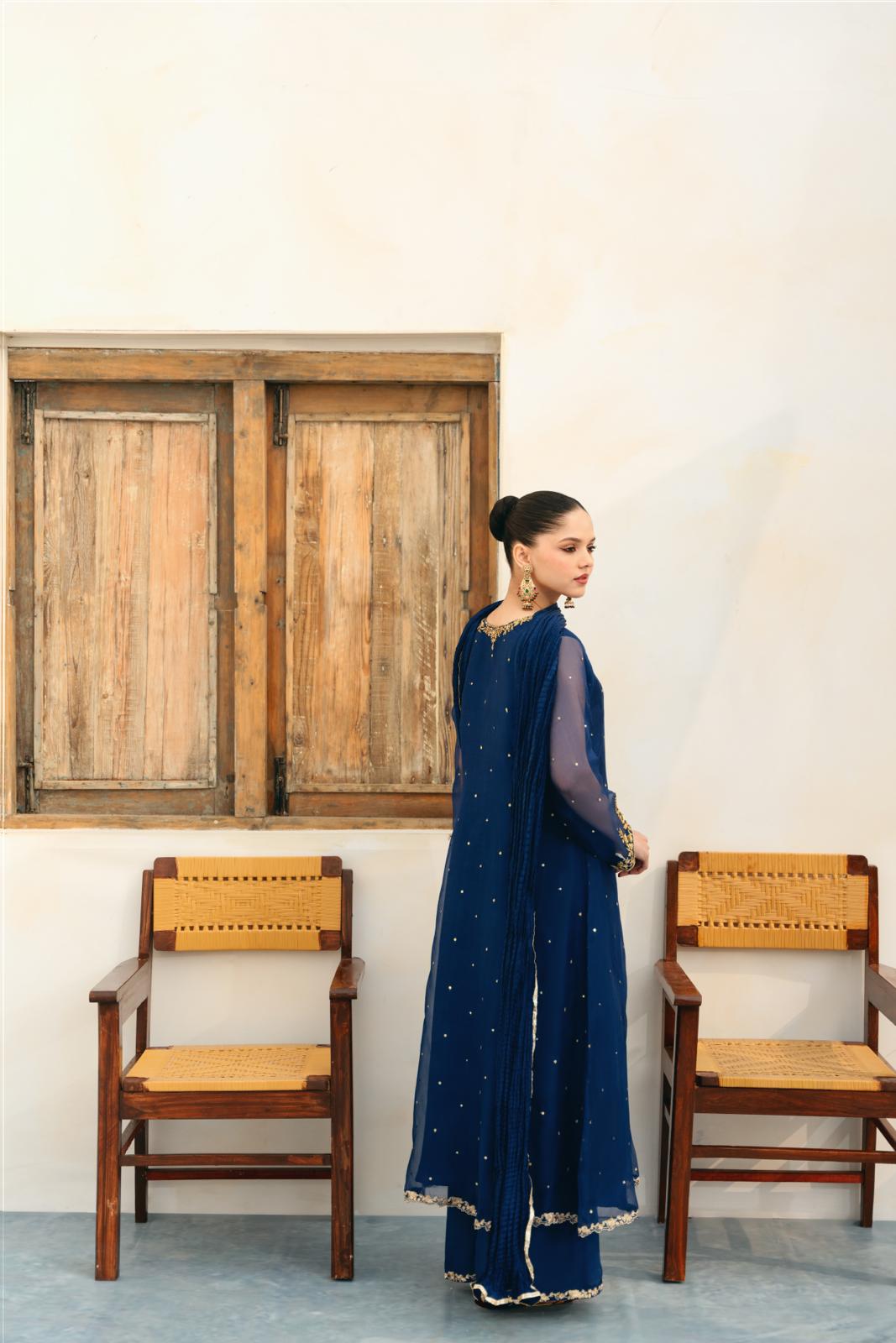 Navy Blue Embellished Pure Organza Pishwas (3-Piece) - Image 2