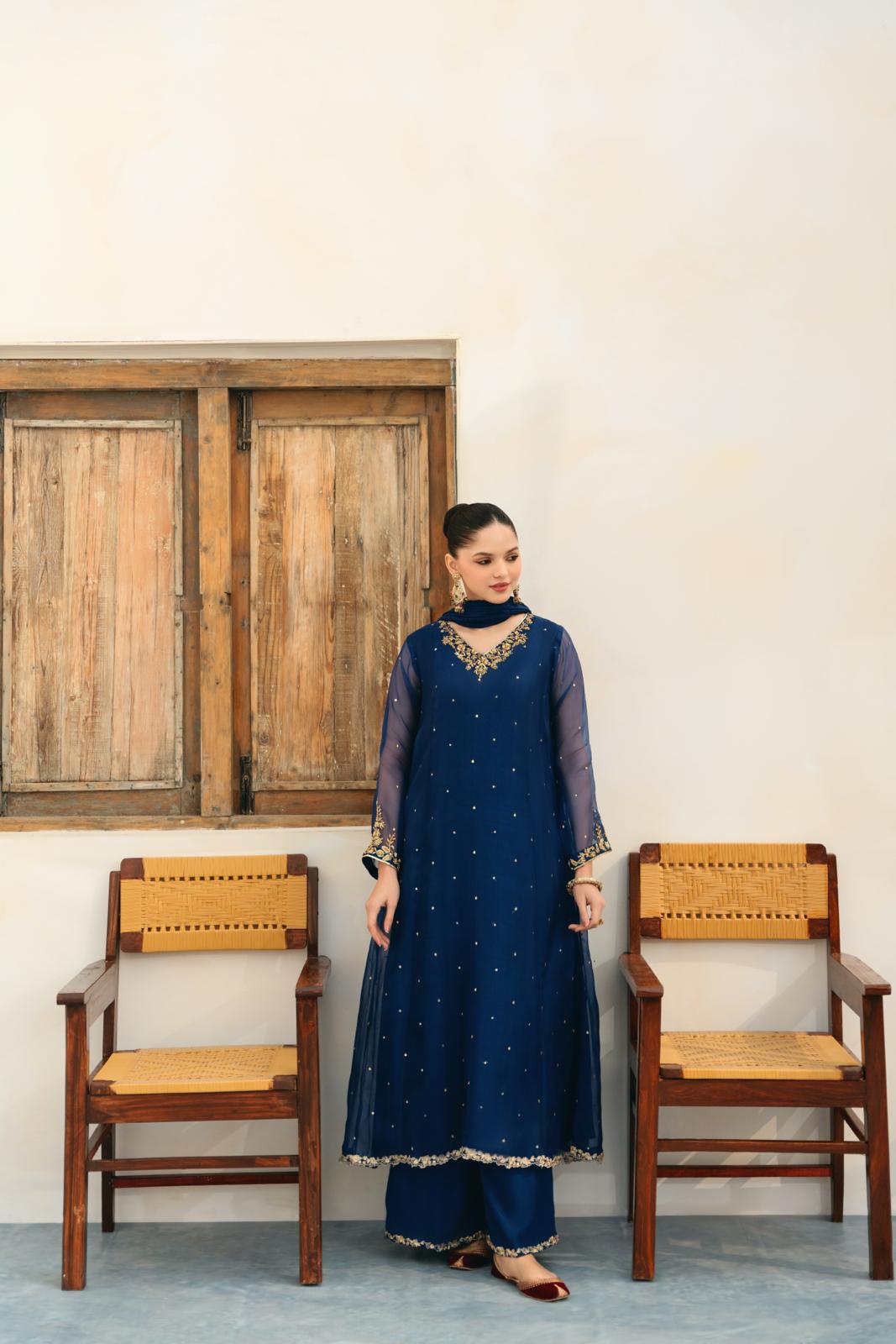 Navy Blue Embellished Pure Organza Pishwas (3-Piece) - Image 3