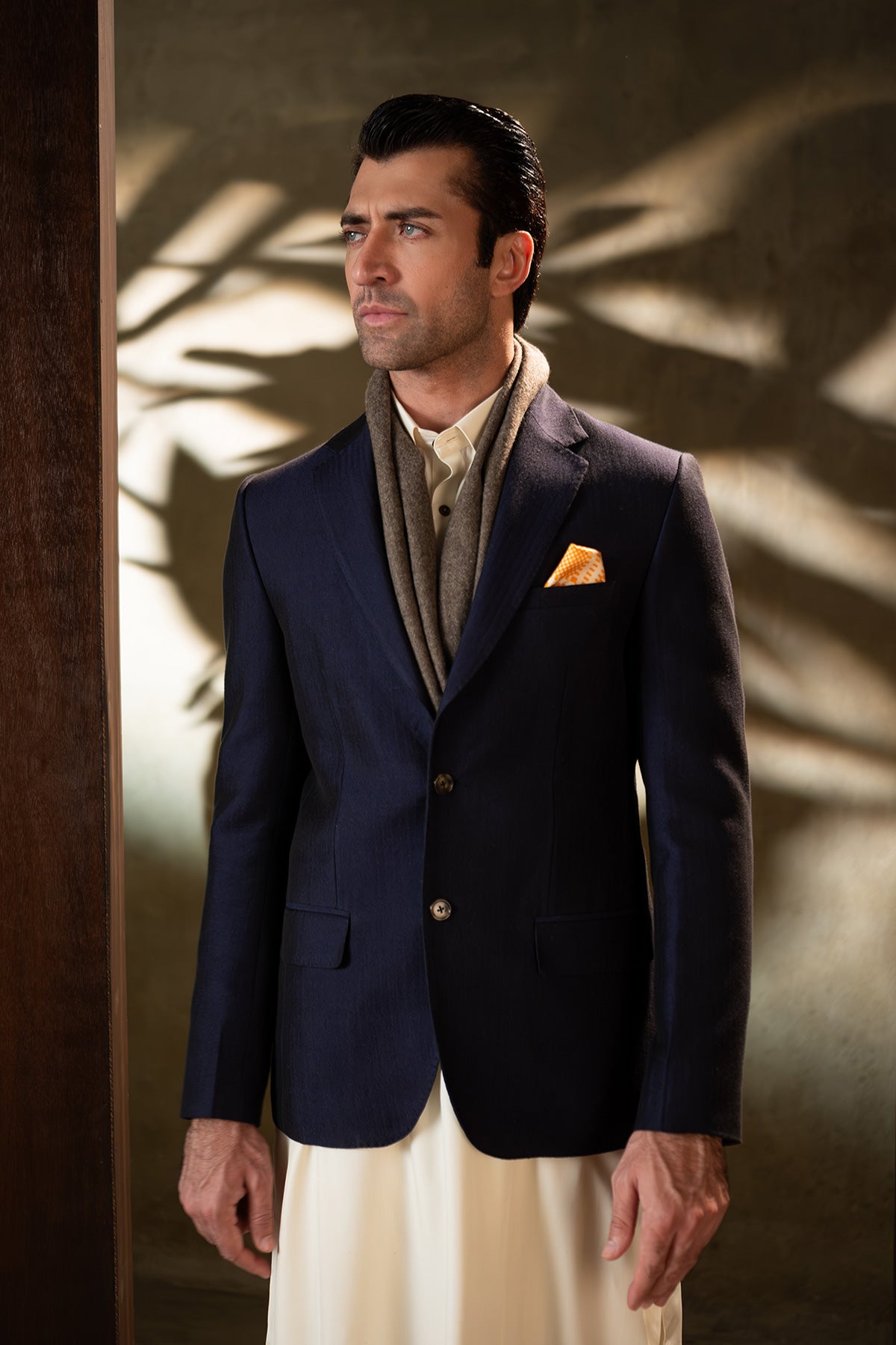 Navy Handloomed Fabric Prince Coat (1-Pc) - Image 1