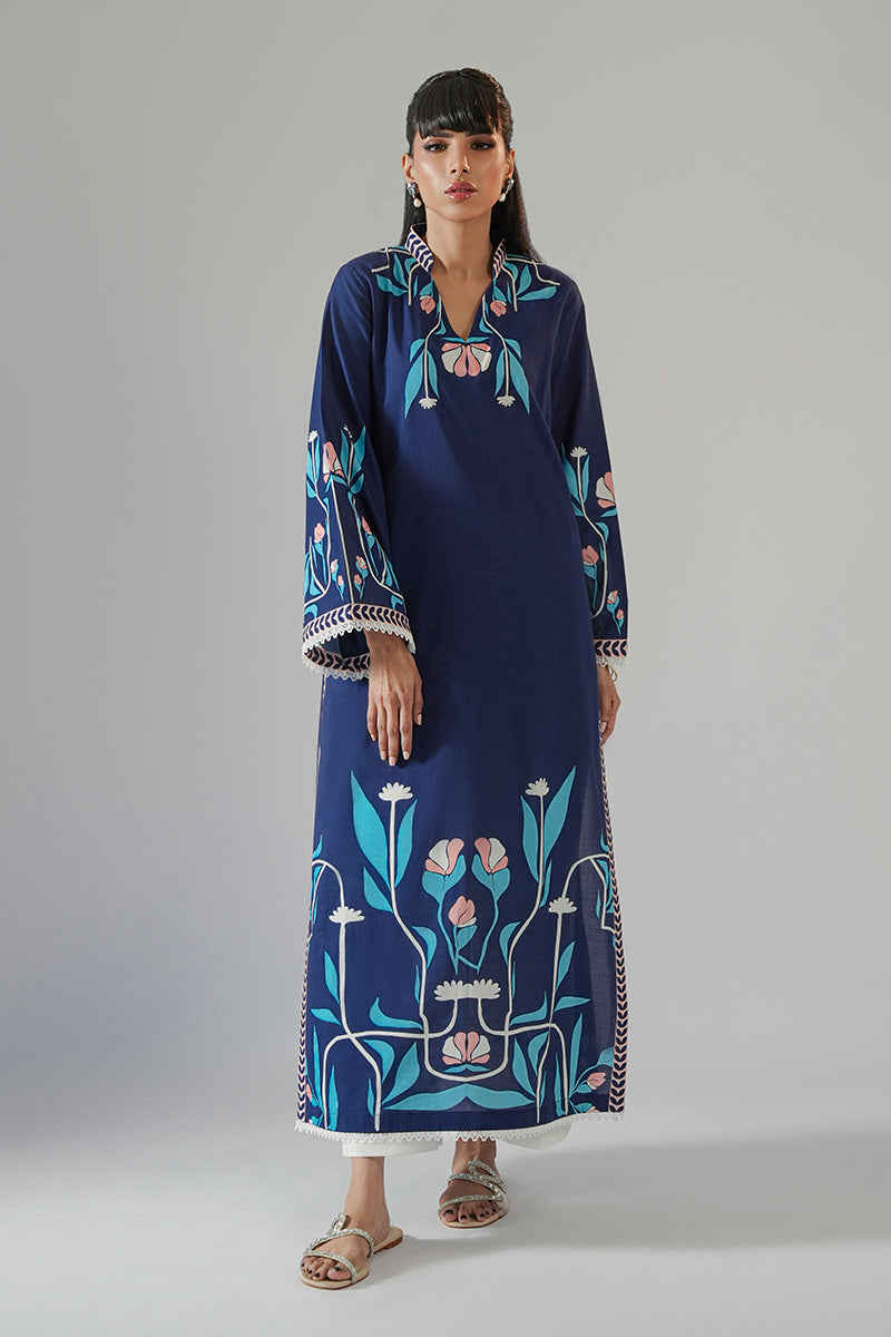Pakistani Navy Blue Floral Printed Cambric Cotton Kurta (2-Piece) - Image 1
