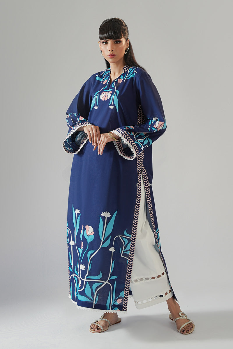 Pakistani Navy Blue Floral Printed Cambric Cotton Kurta (2-Piece) - Image 2