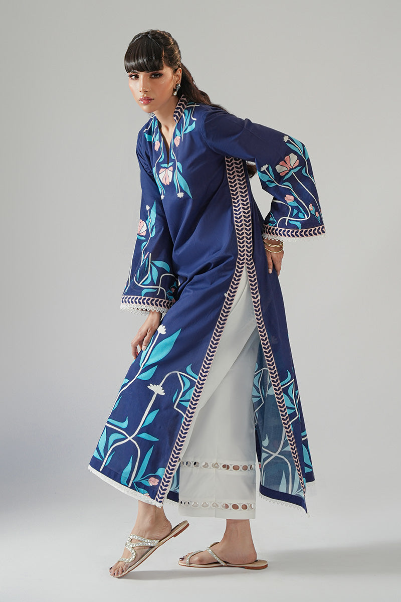 Pakistani Navy Blue Floral Printed Cambric Cotton Kurta (2-Piece) - Image 4