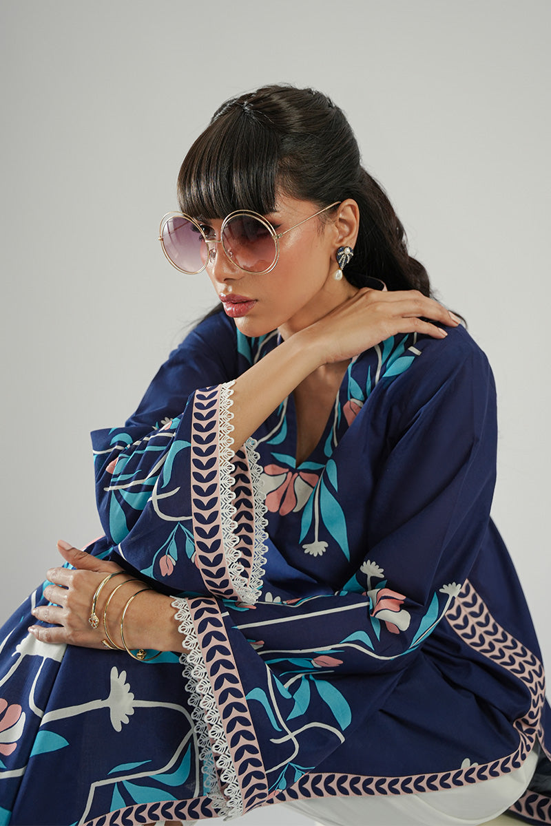 Pakistani Navy Blue Floral Printed Cambric Cotton Kurta (2-Piece) - Image 7