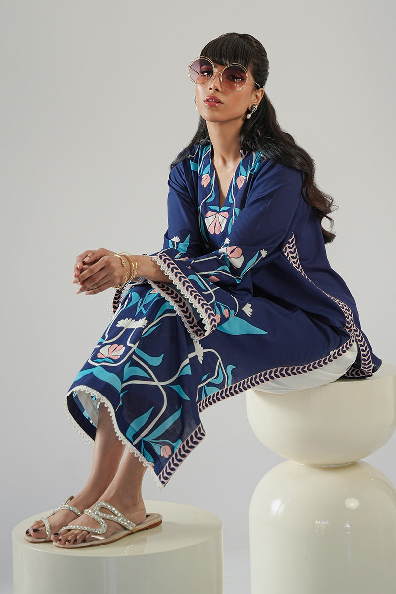 Pakistani Navy Blue Floral Printed Cambric Cotton Kurta (1-Pc) - Image 6