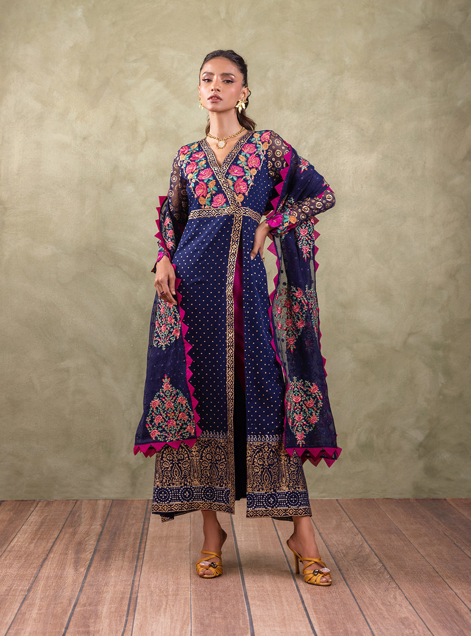 Navy Blue Block-Printed Chiffon Kameez Set (3-Piece) - Image 1