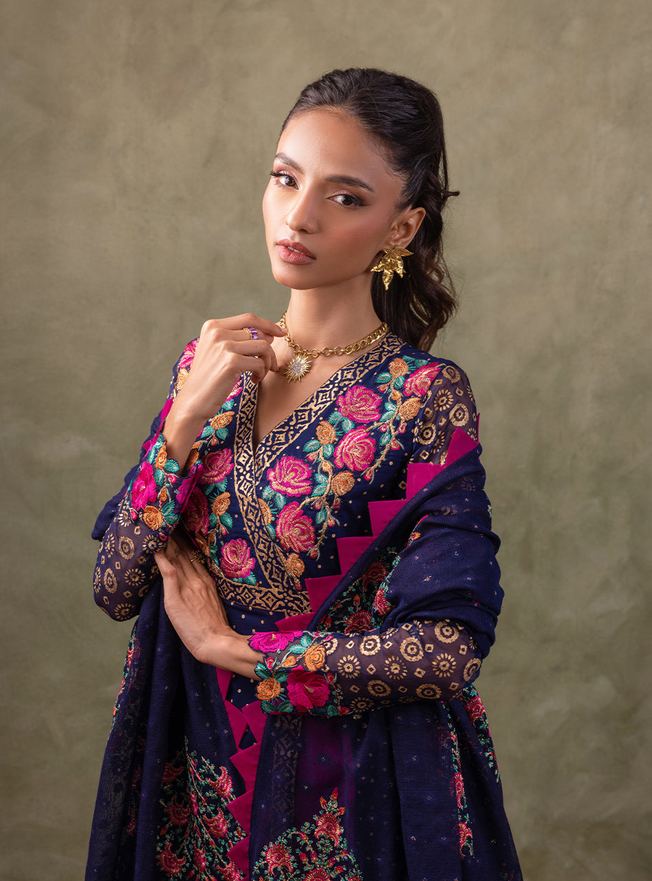 Navy Blue Block-Printed Chiffon Kameez Set (3-Piece) - Image 10
