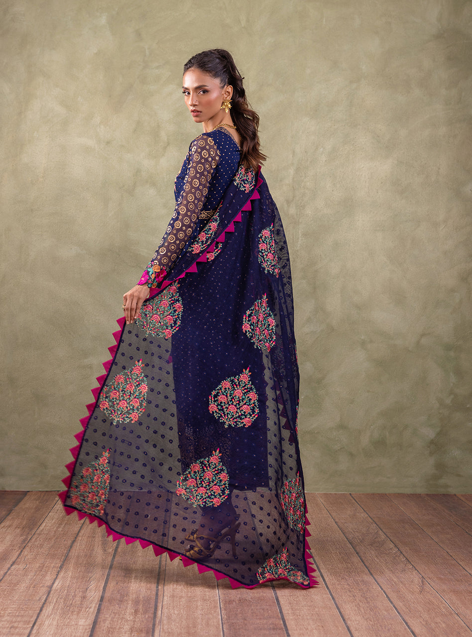 Navy Blue Block-Printed Chiffon Kameez Set (3-Piece) - Image 2