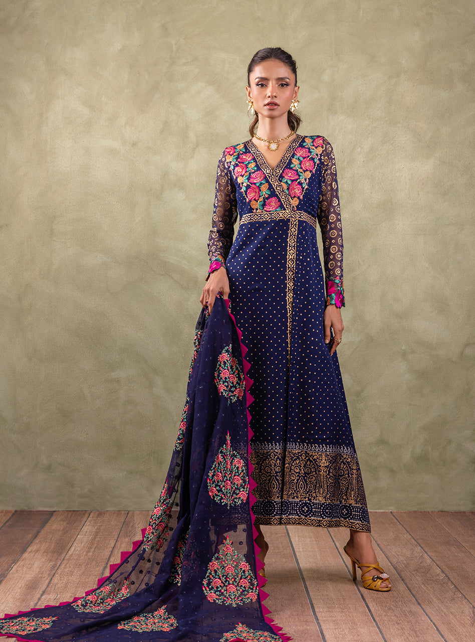 Navy Blue Block-Printed Chiffon Kameez Set (3-Piece) - Image 3
