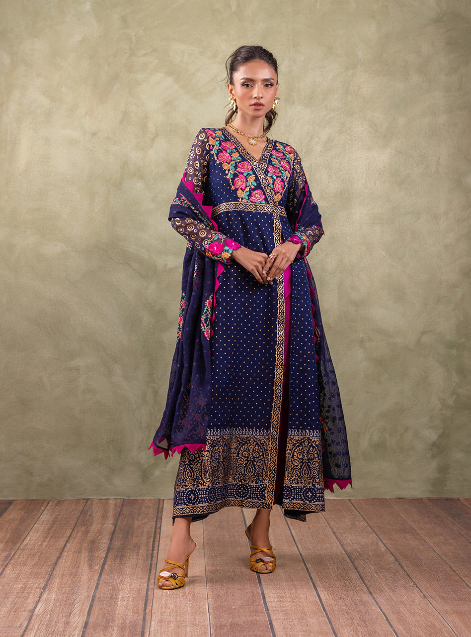 Navy Blue Block-Printed Chiffon Kameez Set (3-Piece) - Image 4