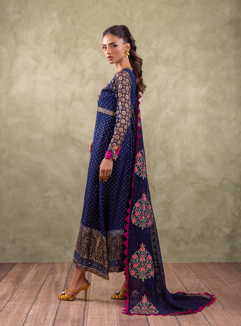 Navy Blue Block-Printed Chiffon Kameez Set (3-Piece) - Image 5