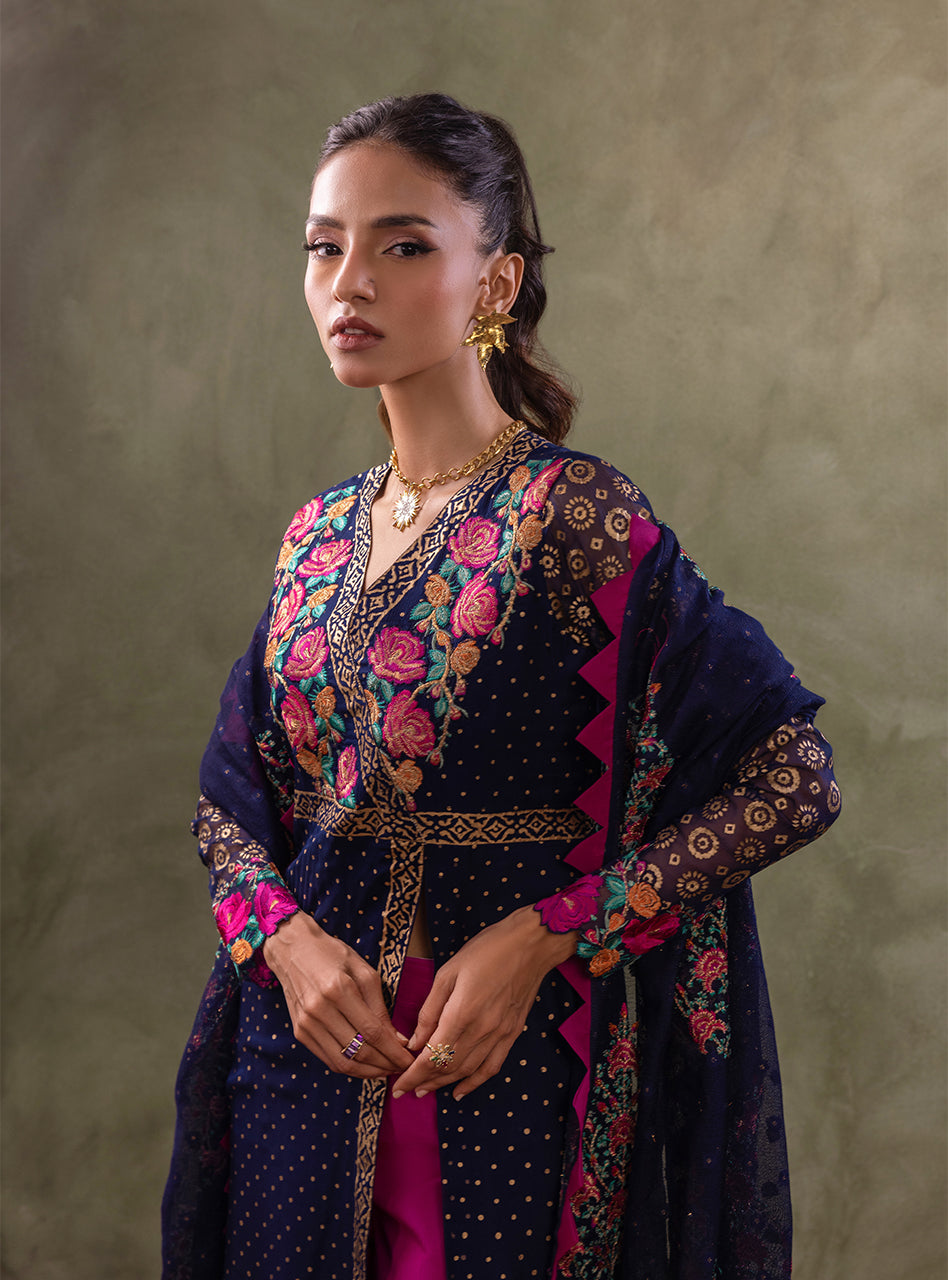 Navy Blue Block-Printed Chiffon Kameez Set (3-Piece) - Image 6