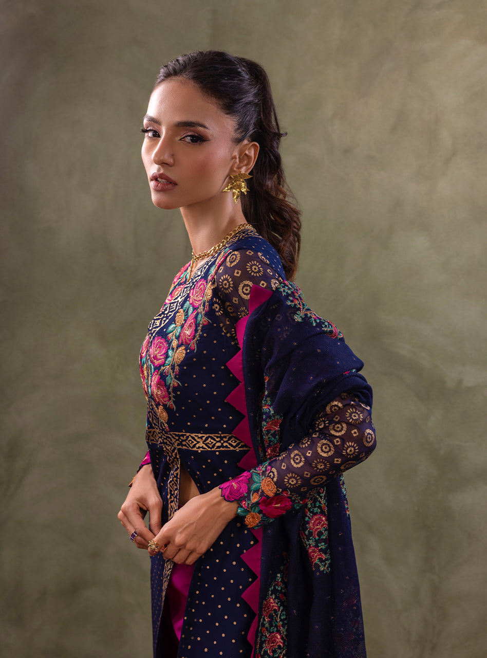 Navy Blue Block-Printed Chiffon Kameez Set (3-Piece) - Image 7