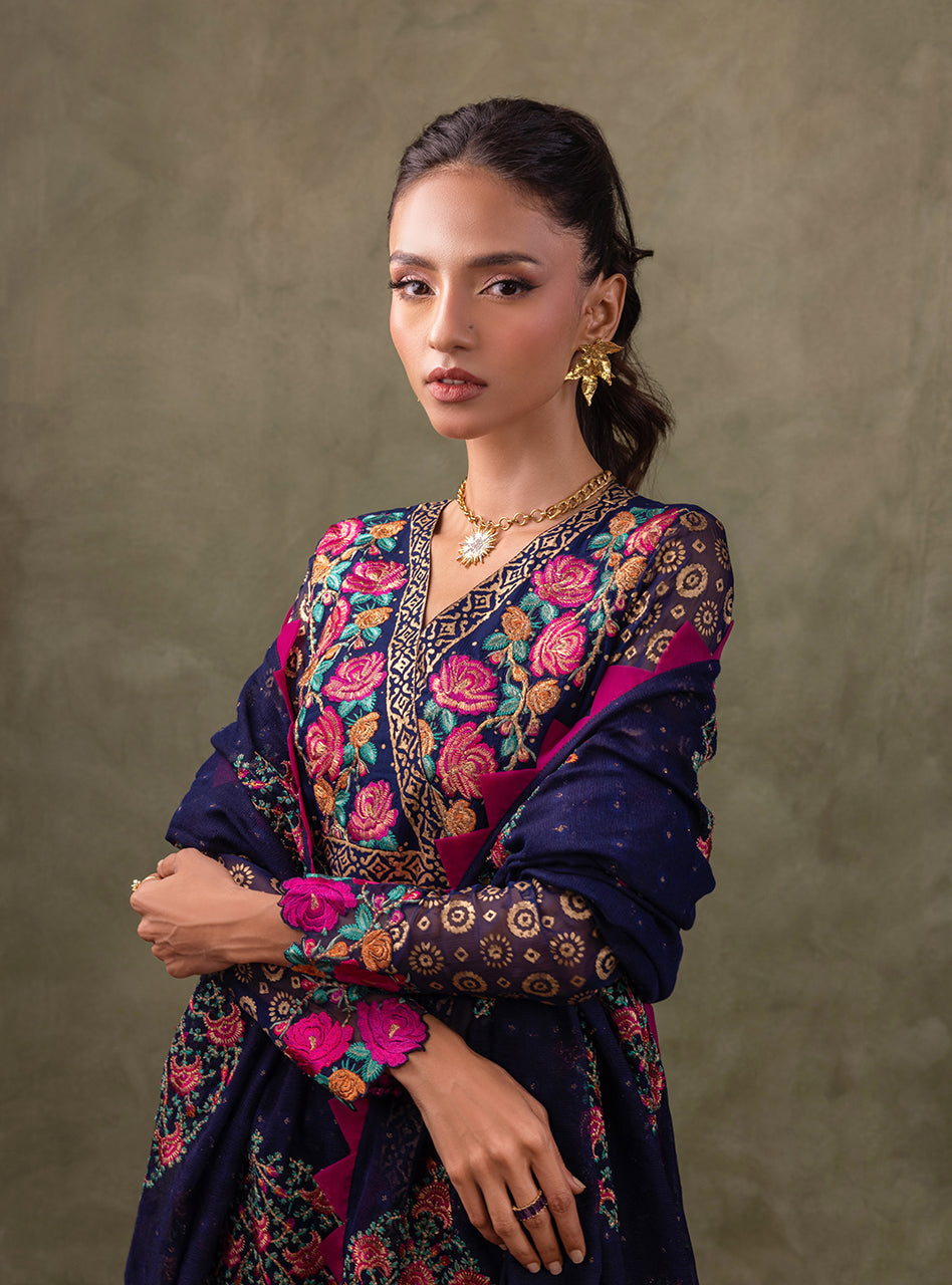 Navy Blue Block-Printed Chiffon Kameez Set (3-Piece) - Image 8