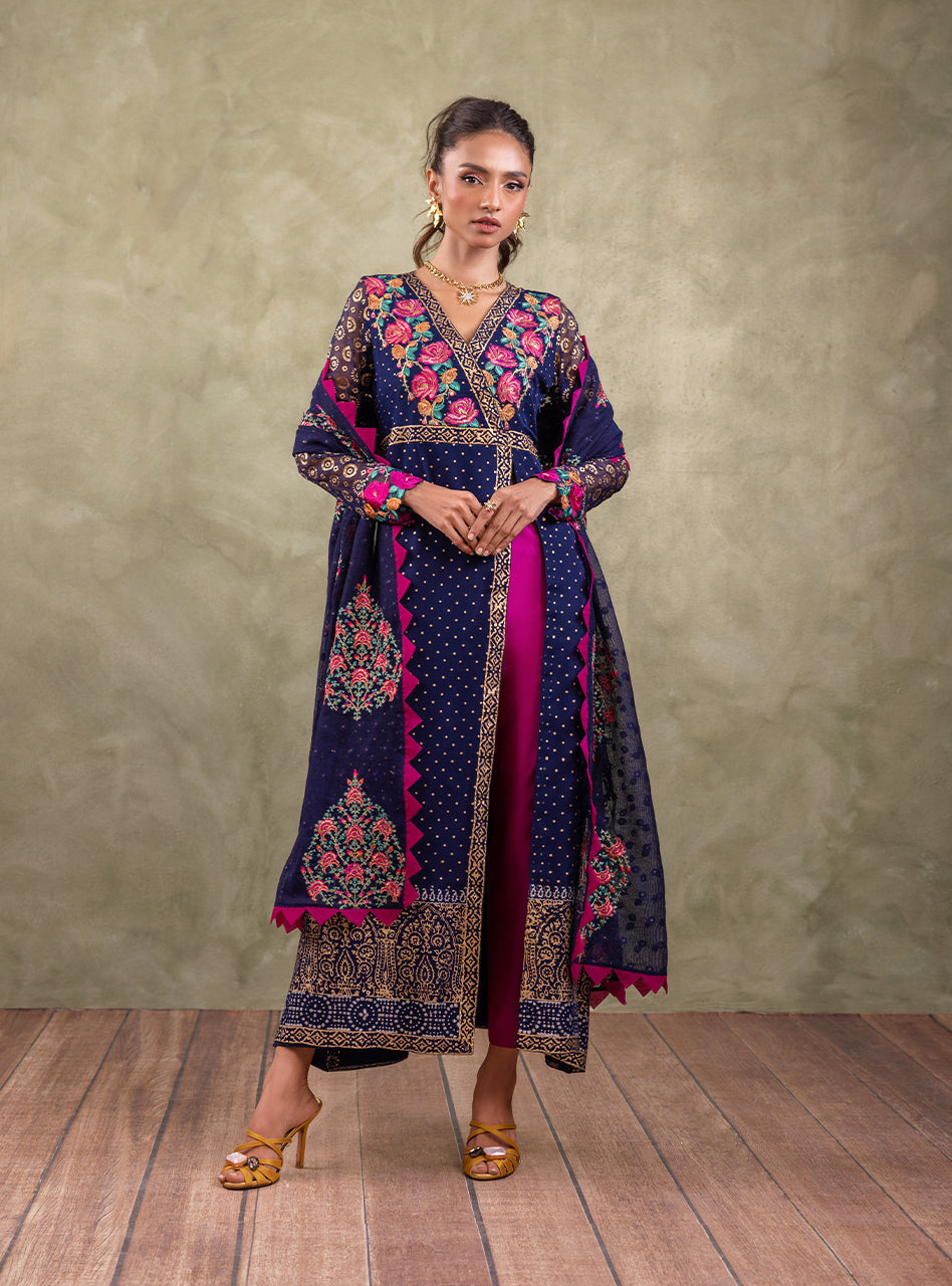 Navy Blue Block-Printed Chiffon Kameez Set (3-Piece) - Image 9