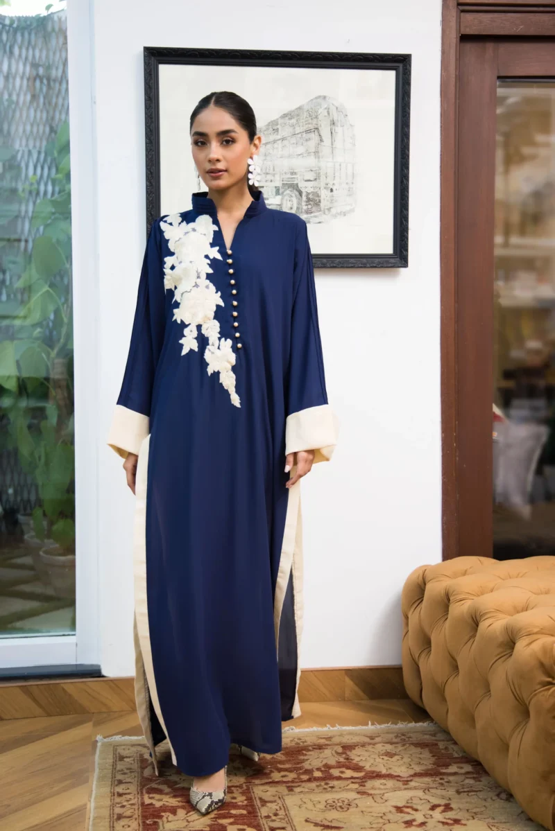 Navy Blue Embroidered Chiffon Long Shirt (2-Piece) - Image 1