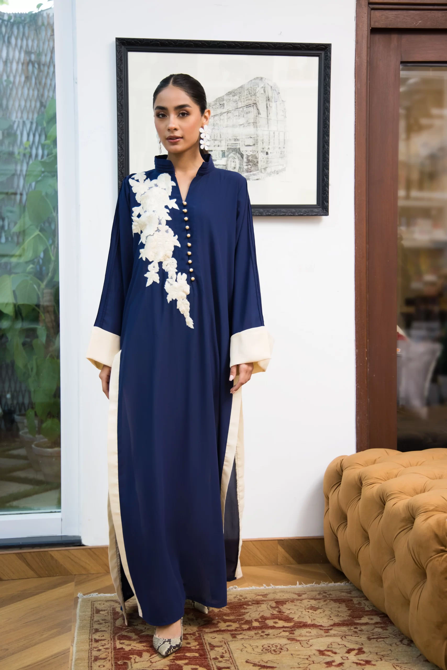 Navy Blue Embroidered Chiffon Long Shirt (2-Piece) - Image 2