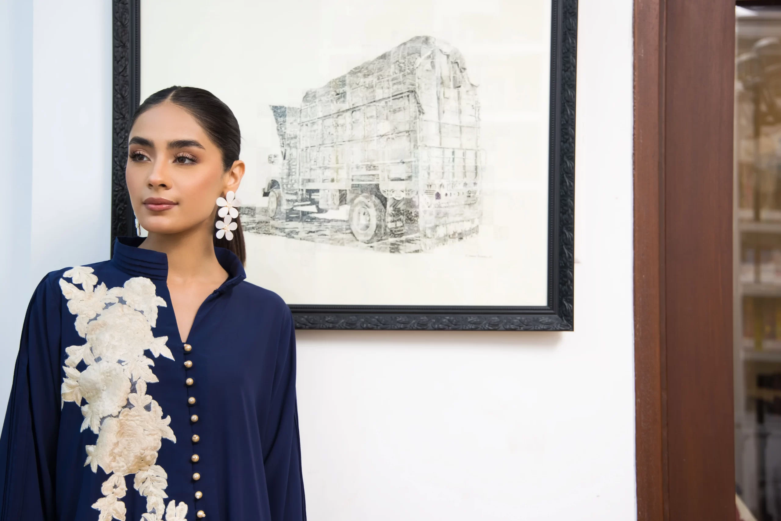 Navy Blue Embroidered Chiffon Long Shirt (2-Piece) - Image 5